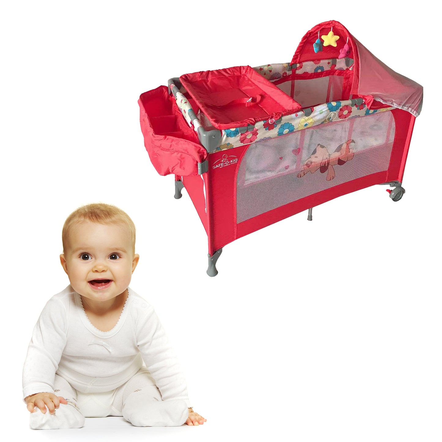 Safe-O-Kid Baby Crib/ Cot, 2 in 1 Convertible Cot, Baby Playpen Playard for Kids/Toddlers, Mosquito Net, Folding Baby Bed Cum Cot