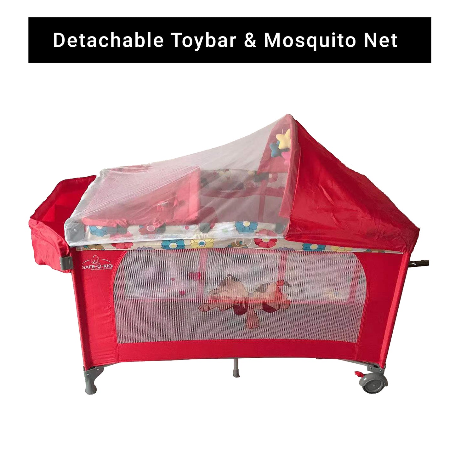 Safe-O-Kid Baby Crib/ Cot, 2 in 1 Convertible Cot, Baby Playpen Playard for Kids/Toddlers, Mosquito Net, Folding Baby Bed Cum Cot