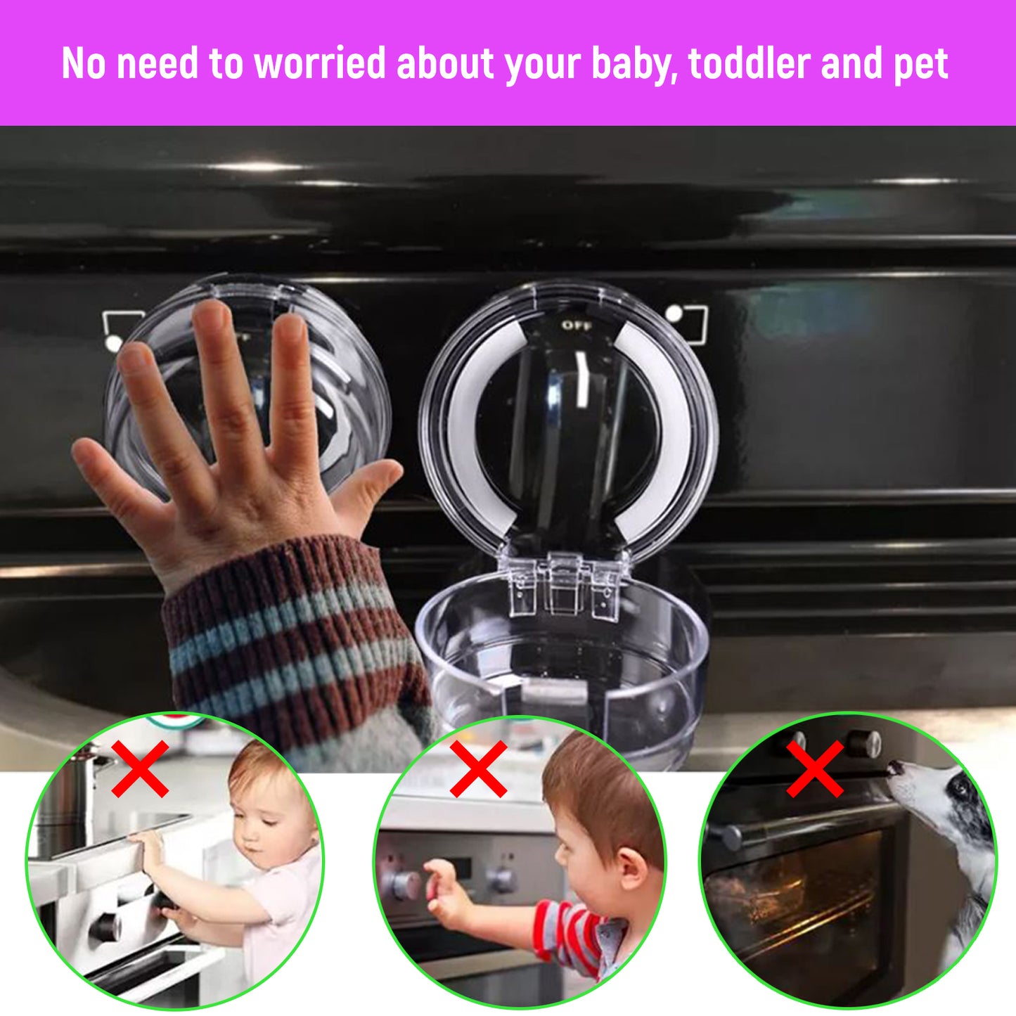 Safe O Kid Transparent Gas Stove Knob Cover for Kitchen Safety, Gas Switch Protector for Child safety, Universal Child Proofing Stove Knob Caps, Pack of 2