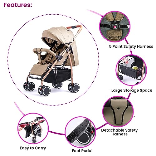 Safe-O-Kid Baby Travel Stroller/Pram for New Born/Toddler/Kid with Food Tray for 0 to 3 Years Travel Friendly with Full Canopy, 5 Point Safety Harness,Adjustable backrest, 360 Swivel Wheel