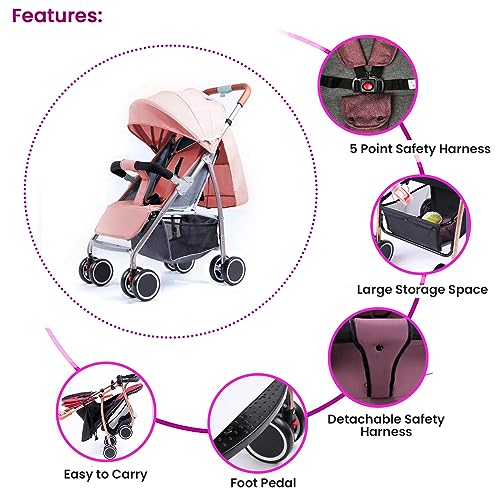 Safe-O-Kid Baby Travel Stroller/Pram for New Born/Toddler/Kid with Food Tray for 0 to 3 Years Travel Friendly with Full Canopy, 5 Point Safety Harness,Adjustable backrest, 360 Swivel Wheel
