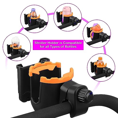 Stroller Cup Holder with Phone Organizer/Holder, Universal Cup Holder for Bottle with Handle, 360 Degrees Rotation Bottle Holder for Stroller, Pushchair, Wheelchair, Walker