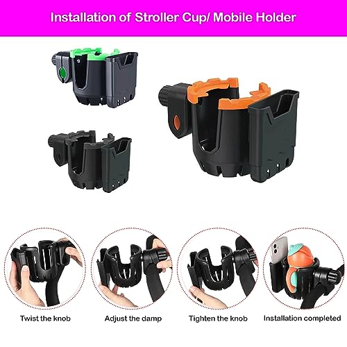 Stroller Cup Holder with Phone Organizer/Holder, Universal Cup Holder for Bottle with Handle, 360 Degrees Rotation Bottle Holder for Stroller, Pushchair, Wheelchair, Walker