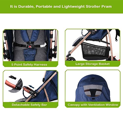 Safe-O-Kid Baby Travel Stroller/Pram for New Born/Toddler/Kid with Food Tray for 0 to 3 Years Travel Friendly with Full Canopy, 5 Point Safety Harness,Adjustable backrest, 360 Swivel Wheel