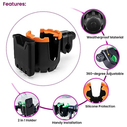 Stroller Cup Holder with Phone Organizer/Holder, Universal Cup Holder for Bottle with Handle, 360 Degrees Rotation Bottle Holder for Stroller, Pushchair, Wheelchair, Walker