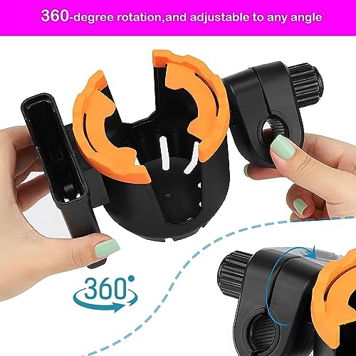 Stroller Cup Holder with Phone Organizer/Holder, Universal Cup Holder for Bottle with Handle, 360 Degrees Rotation Bottle Holder for Stroller, Pushchair, Wheelchair, Walker