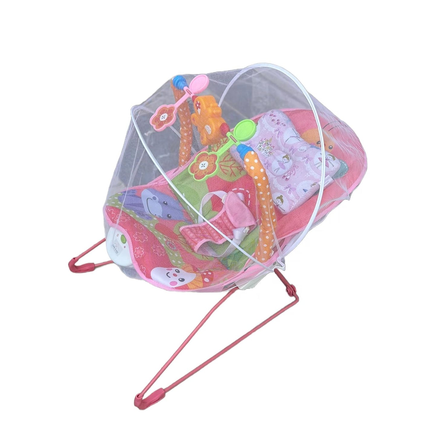 Harmony Baby Bouncer with Neck Pillow, Mosquito net with 1 Year Warranty Multi-Position Reclining Bouncer, Vibrations, Safety Harness and Toy Bar
