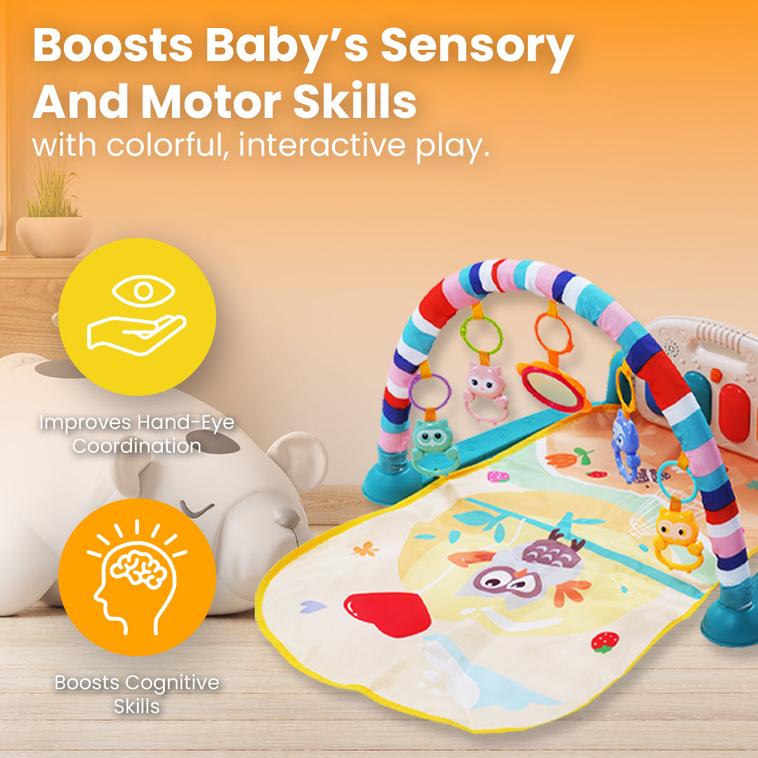 Baby Play Mat Gym & Fitness Rack with Hanging Rattles Lights & Musical Keyboard Mat Piano