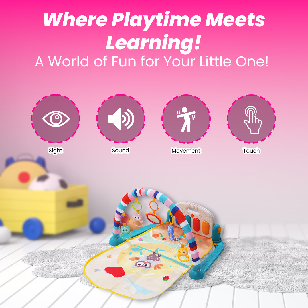 Baby Play Mat Gym & Fitness Rack with Hanging Rattles Lights & Musical Keyboard Mat Piano
