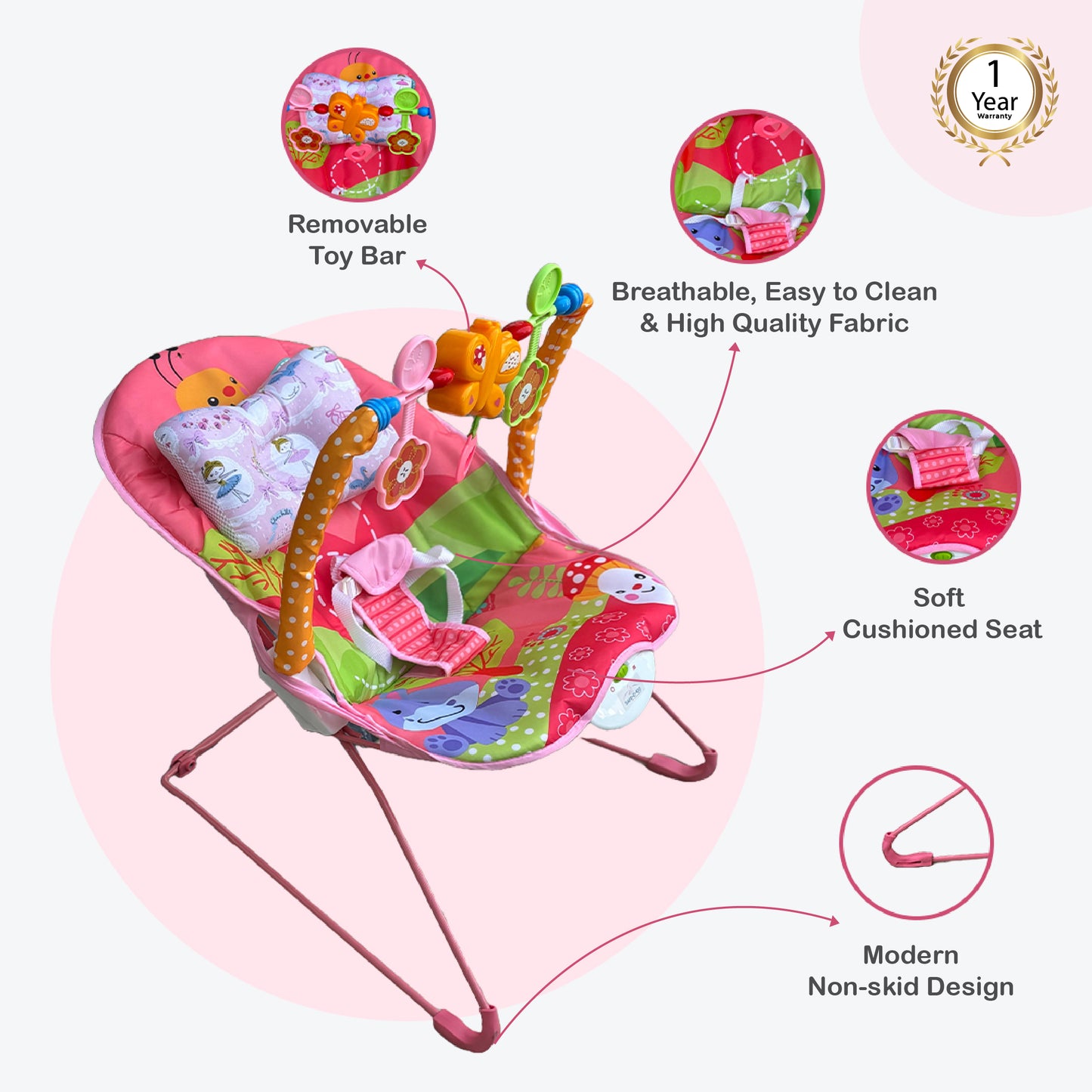 Harmony Baby Bouncer with Neck Pillow, Mosquito net with 1 Year Warranty Multi-Position Reclining Bouncer, Vibrations, Safety Harness and Toy Bar