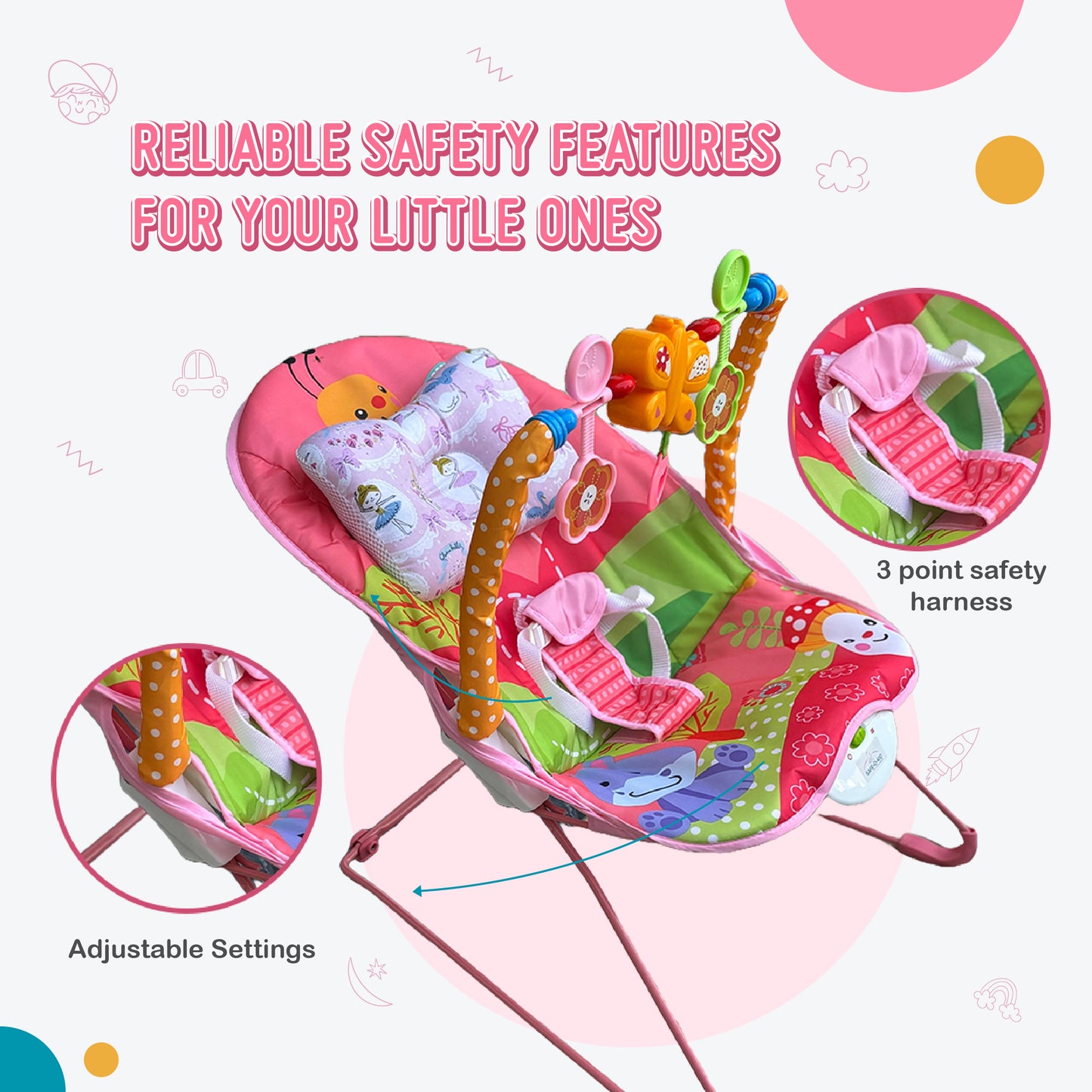 Harmony Baby Bouncer with Neck Pillow, Mosquito net with 1 Year Warranty Multi-Position Reclining Bouncer, Vibrations, Safety Harness and Toy Bar