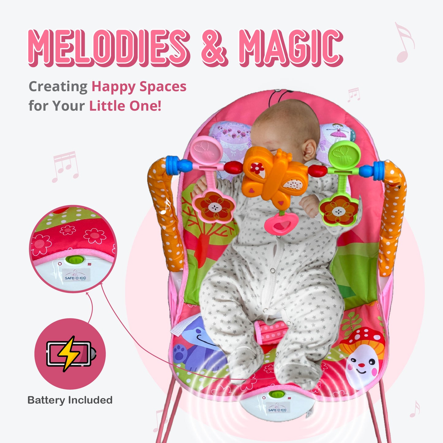 Harmony Baby Bouncer with Neck Pillow, Mosquito net with 1 Year Warranty Multi-Position Reclining Bouncer, Vibrations, Safety Harness and Toy Bar