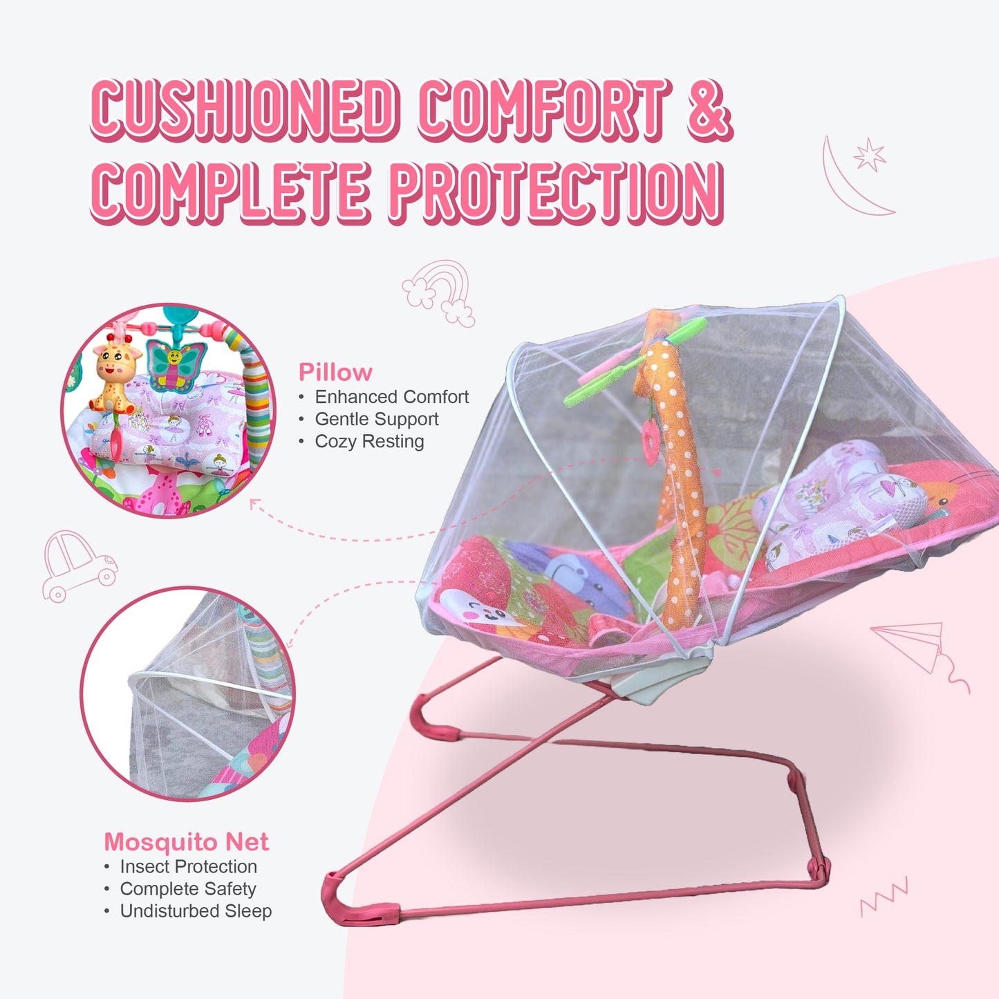 Harmony Baby Bouncer with Neck Pillow, Mosquito net with 1 Year Warranty Multi-Position Reclining Bouncer, Vibrations, Safety Harness and Toy Bar