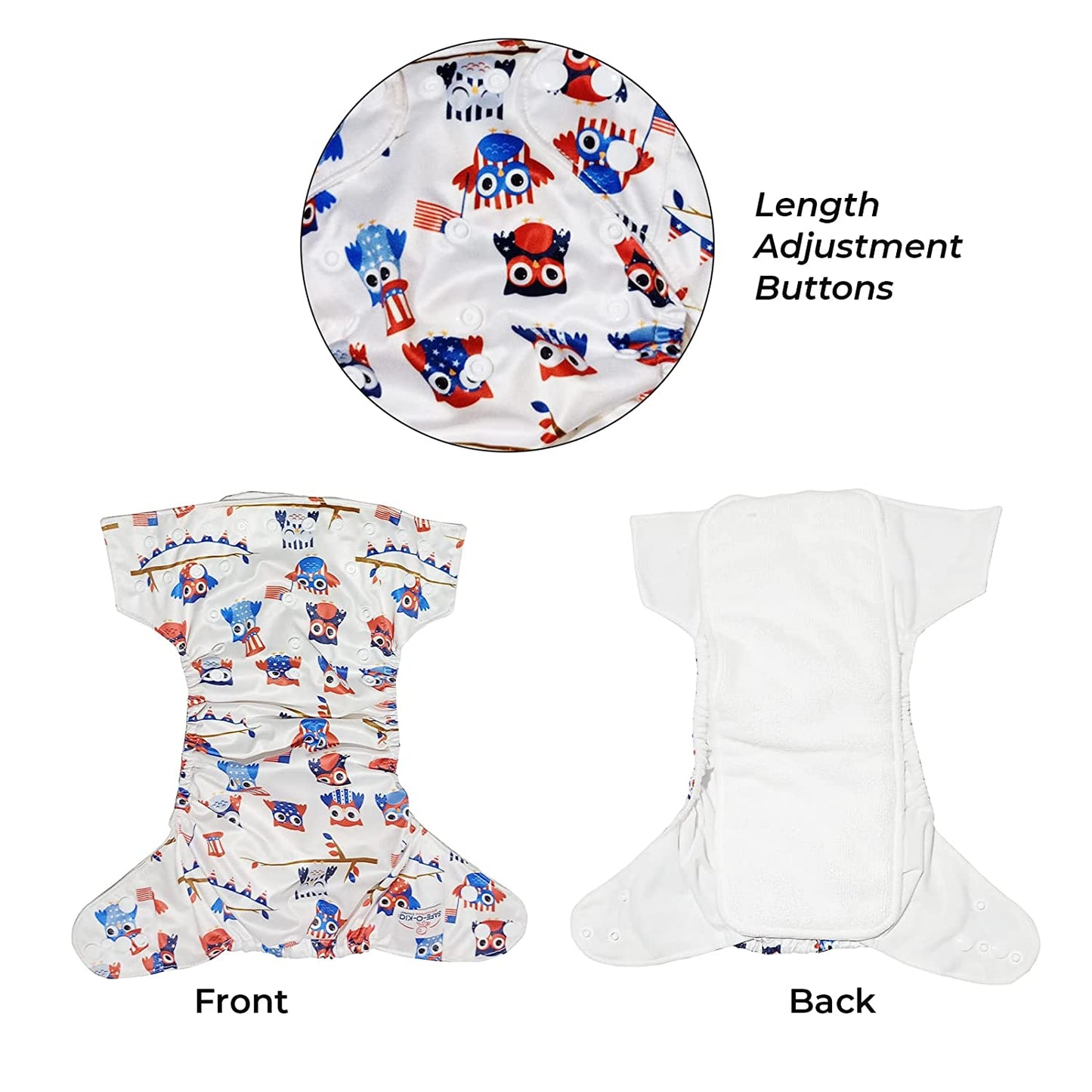 "Safe-O-Kid Reusable Baby Cloth Diaper, Washable Pocket Nappy with Adjustable Snap Buttons White & Blue "