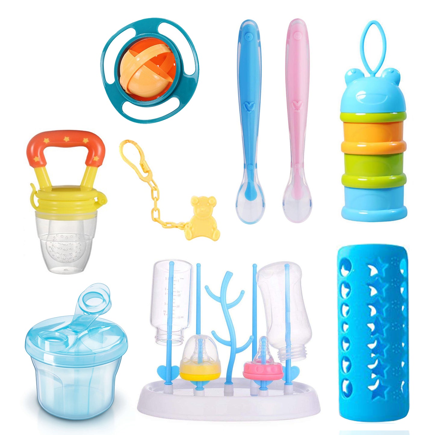 Safe O Kid Feeding Kit/ Combo, BPA Free Gyro Bowl , Fruit Nibbler, Pacifier with Chain, Silicone tip spoon, Bottle cover, Bottle Drying Rack, Milk Powder Container, Food container (3 Layer)