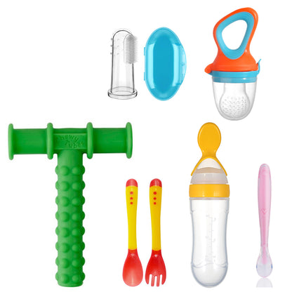 Safe O Kid Baby Oral Care and Safety Kit ? Standard | 6 Pieces, 1 Finger Brush, 1 Chewy Tube, 1 Fruit Nibbler, 1 Squeezy Spoon, 1 Silicone Spoon, 1 Heat Sensitive Spoon & Fork Set