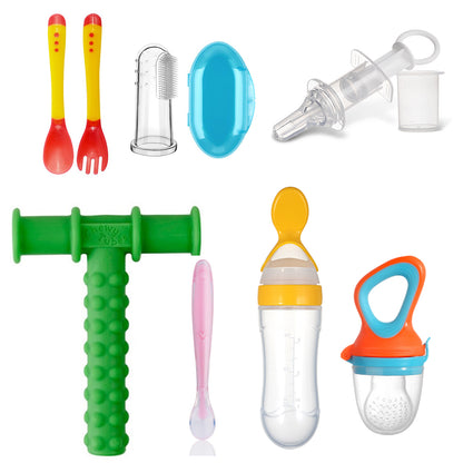 Safe O Kid Baby Oral Care and Safety Kit ? Advanced | 7 Pieces, 1 Finger Brush, 1 Chewy Tube, 1 Medicine Feeder, 1 Fruit Nibbler, 1 Squeezy Spoon, 1 Silicone Spoon, 1 Heat Sensitive Spoon & Fork Set