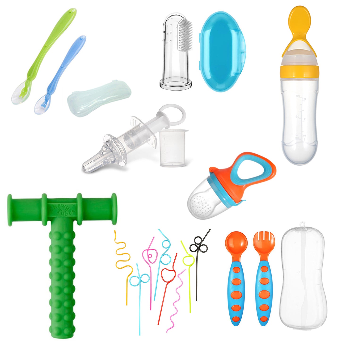 Safe O Kid Baby Oral Care and Safety Kit ? Premium | 8 Pieces, 1 Twist Straws, 1 Finger Brush, 1 Chewy Tube, 1 Fruit Nibbler, 1 Squeezy Spoon, 1 Silicone Spoon with box, 1 Spoon & Fork Set, 1 Medicine Feeder