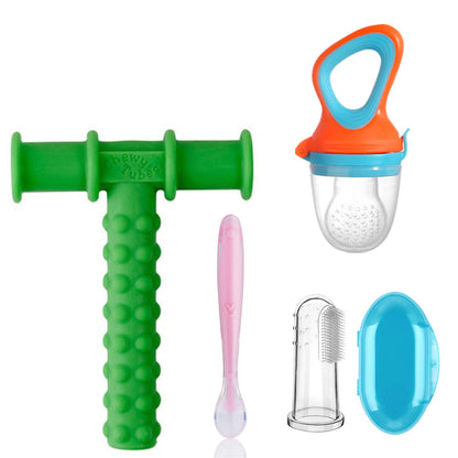 Safe O Kid Baby Oral Care and Safety Kit ? Basic | 4 Pieces, 1 Finger Brush, 1 Chewy Tube, 1 Fruit Nibbler, 1 Silicone Spoon