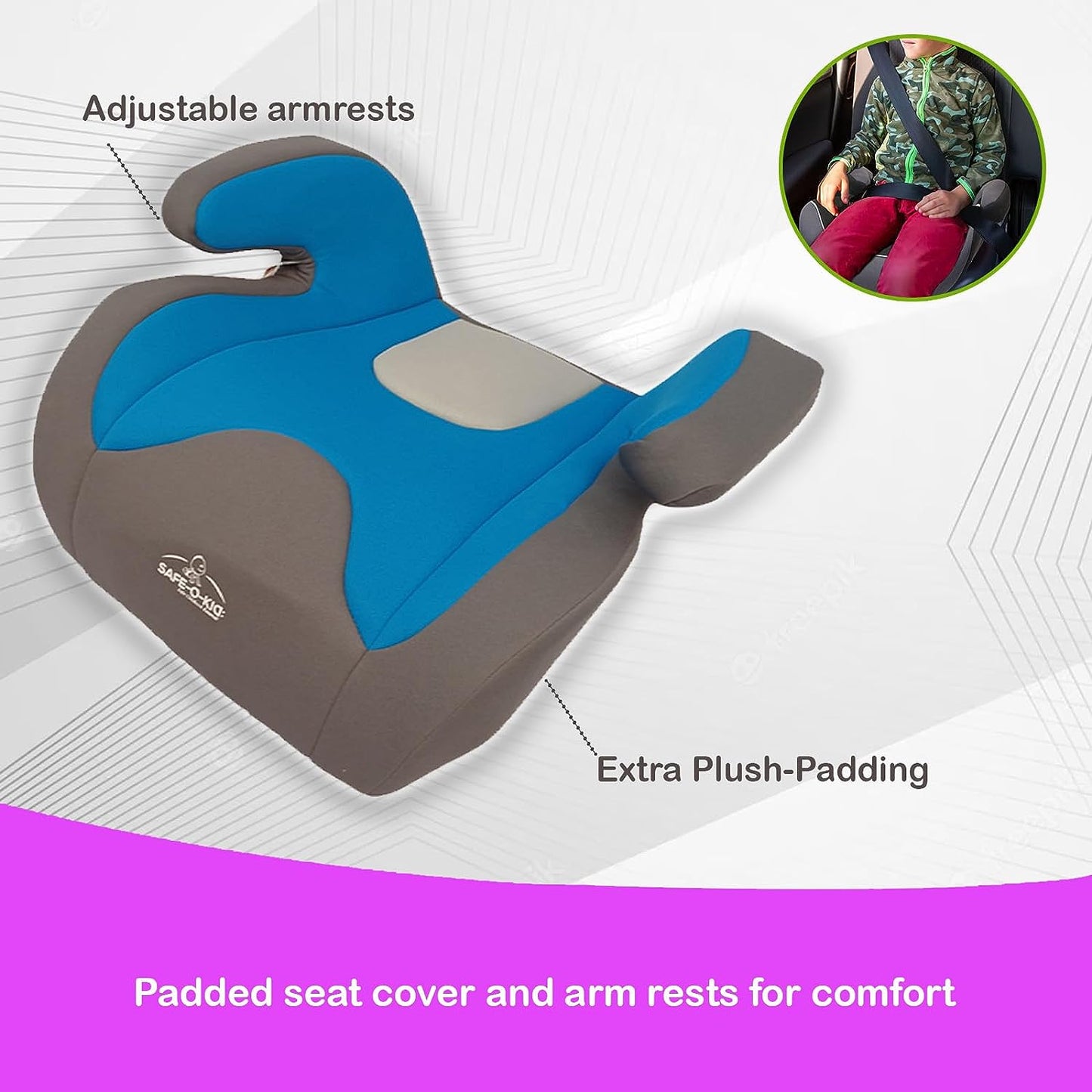 Safe-O-Kid Backless Design Car Booster Seat, Travel Friendly, Plush Padding Seat for Children & Kids from 6 to 12 Years