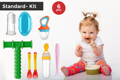 Safe O Kid Baby Oral Care and Safety Kit ? Standard | 6 Pieces, 1 Finger Brush, 1 Chewy Tube, 1 Fruit Nibbler, 1 Squeezy Spoon, 1 Silicone Spoon, 1 Heat Sensitive Spoon & Fork Set