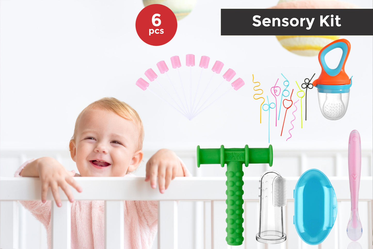 Safe O Kid Baby Oral Sensory Kit | 6 Pieces, 1 Finger Brush, 1 Chewy Tube, 1 Mouth Swab, 1 Fruit Nibbler, 1 Silicone Spoon, 1 Twist Straws