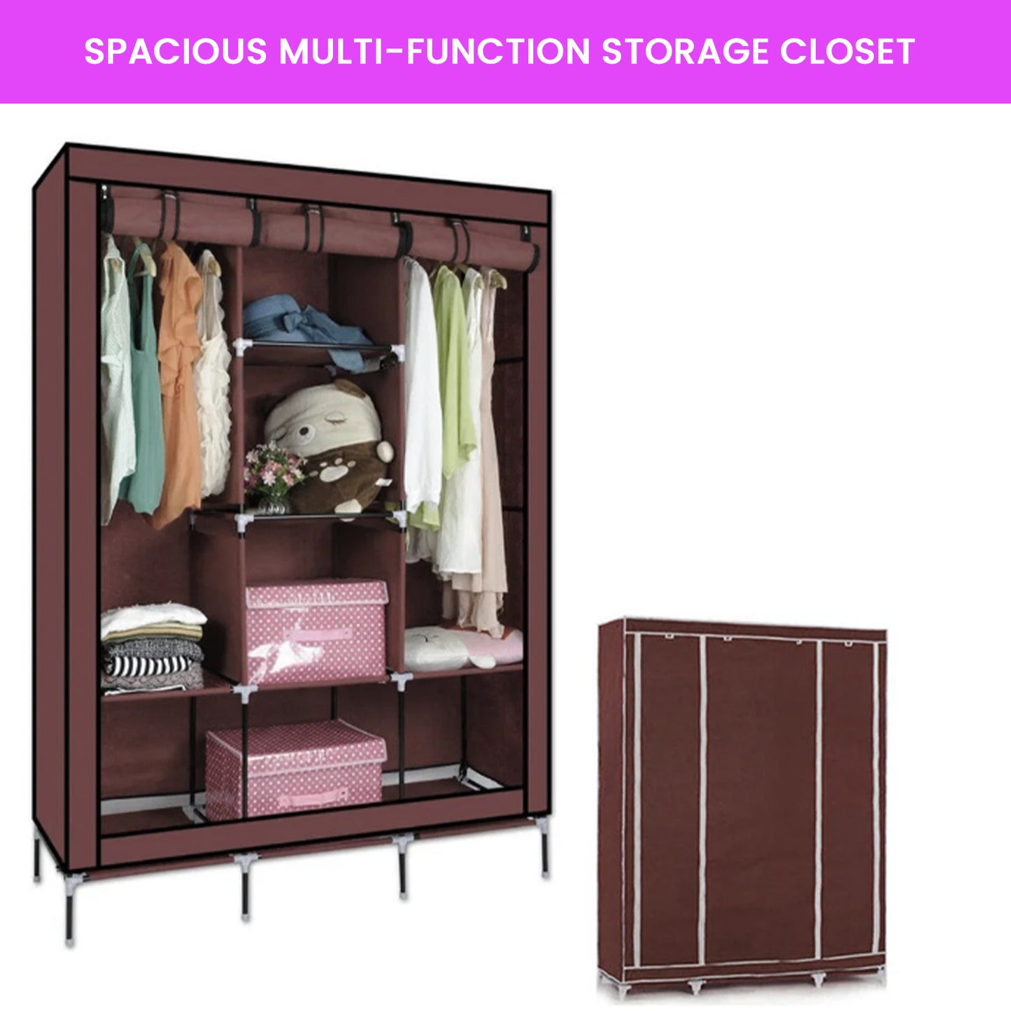 Safe-O-Kid Portable, Closet, Multi-Purpose Foldable Cabinet Wardrobe, Brown, 125*41*160cm