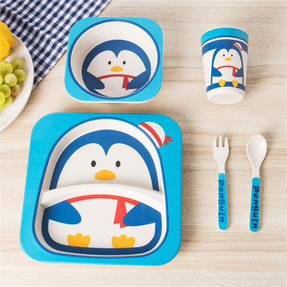 Safe-O-Kid 5 Piece Bamboo Fiber Dinner Set for Kids, Plate - Bowl - Spoon - Fork and Cup, Feeding Tableware Meal Set for Toddlers