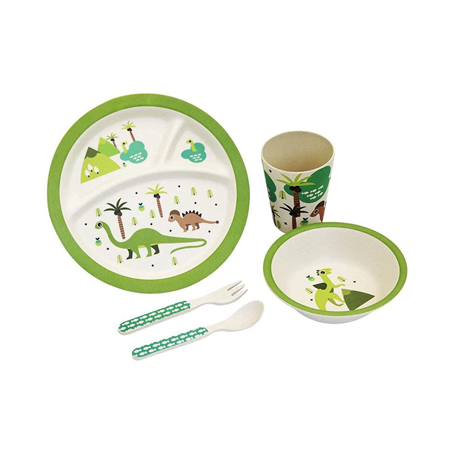 Safe-O-Kid 5 Piece Bamboo Fiber Dinner Set for Kids, Plate - Bowl - Spoon - Fork and Cup, Feeding Tableware Meal Set for Toddlers