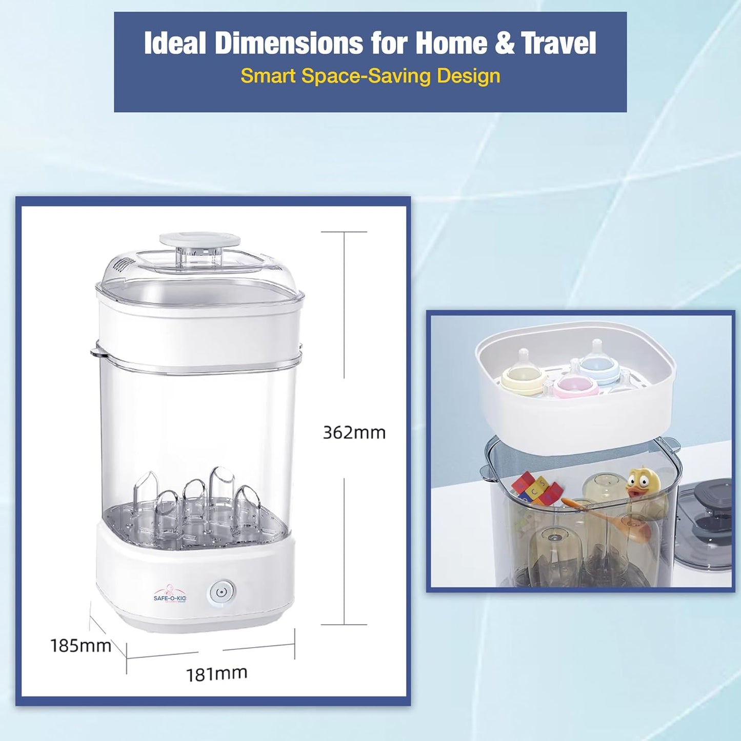 Safe-O-Kid 5 Bottle Sterilizer,BPA Free, Auto Shut, 1-Yr Warranty