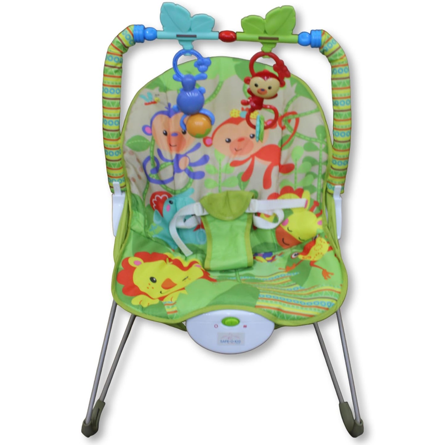 Harmony Baby Bouncer with 1 Year Warranty Multi-Position Reclining Bouncer with Calming Music, Vibrations, Safety Harness and Musical Toy- Green