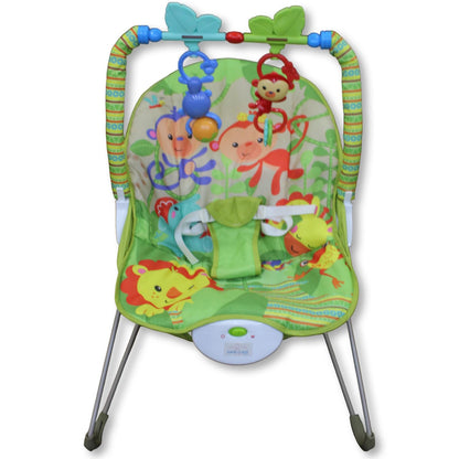 Harmony Baby Bouncer with 1 Year Warranty Multi-Position Reclining Bouncer with Calming Music, Vibrations, Safety Harness and Musical Toy- Green