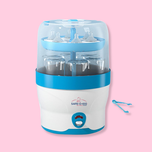 Safe-O-Kid Steriwave 6 Bottles Sterilizer, One Year Warranty, Large Capacity, Advanced Auto Shut, Steam Sterilizer for Feeding Bottles, Breast Pump and Other Accessories (2024 Model)- Blue