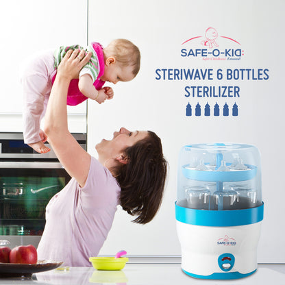 Safe-O-Kid Steriwave 6 Bottles Sterilizer, One Year Warranty, Large Capacity, Advanced Auto Shut, Steam Sterilizer for Feeding Bottles, Breast Pump and Other Accessories (2024 Model)- Blue