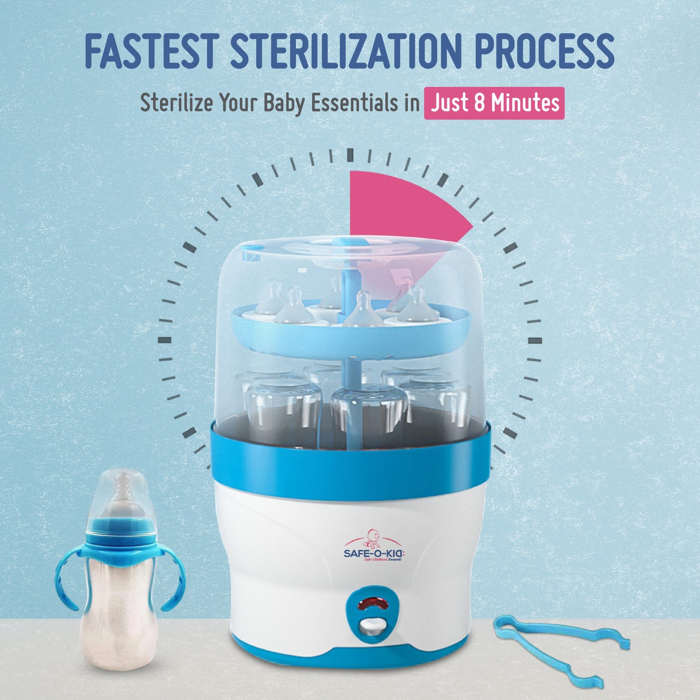 Safe-O-Kid Steriwave 6 Bottles Sterilizer, One Year Warranty, Large Capacity, Advanced Auto Shut, Steam Sterilizer for Feeding Bottles, Breast Pump and Other Accessories (2024 Model)- Blue