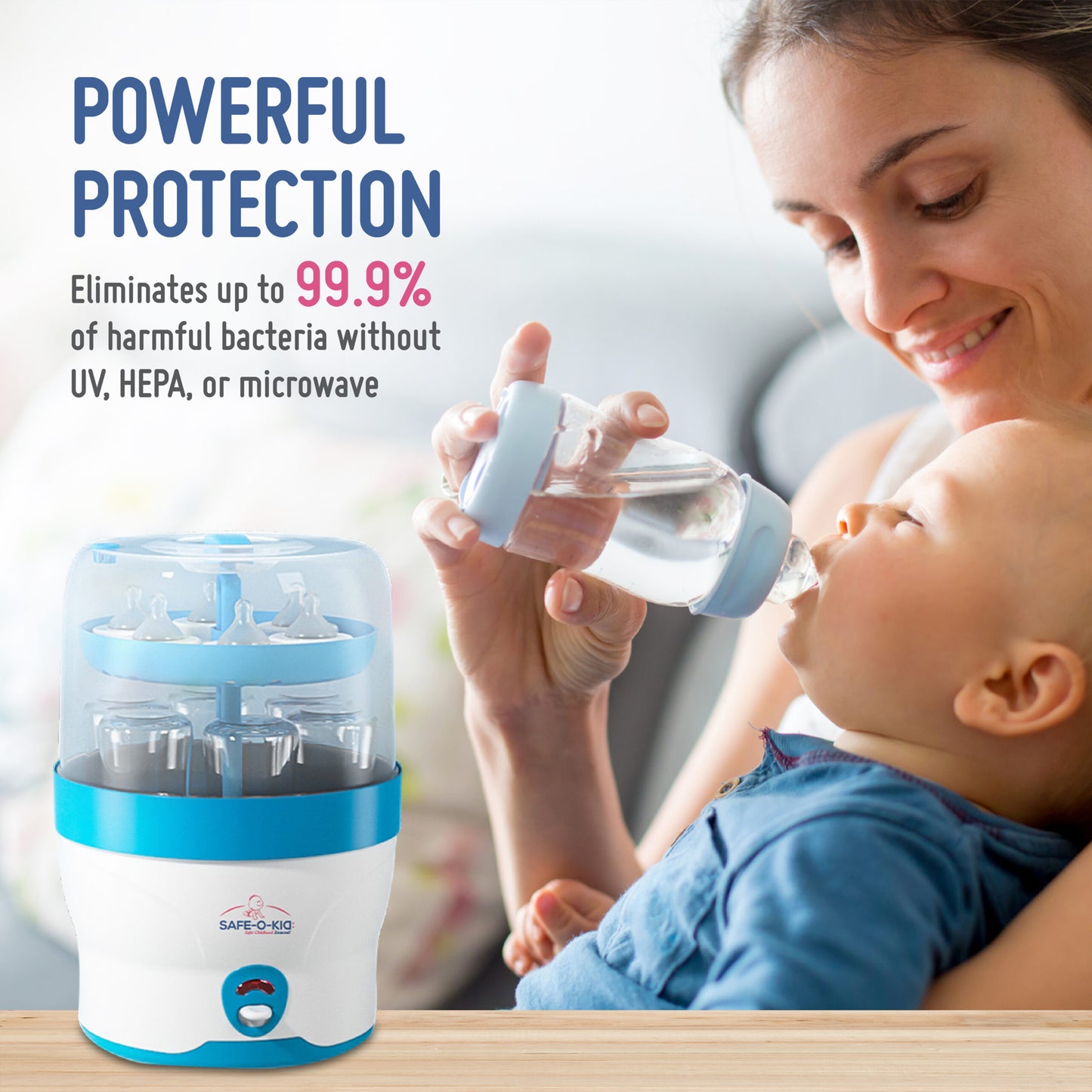 Safe-O-Kid Steriwave 6 Bottles Sterilizer, One Year Warranty, Large Capacity, Advanced Auto Shut, Steam Sterilizer for Feeding Bottles, Breast Pump and Other Accessories (2024 Model)- Blue