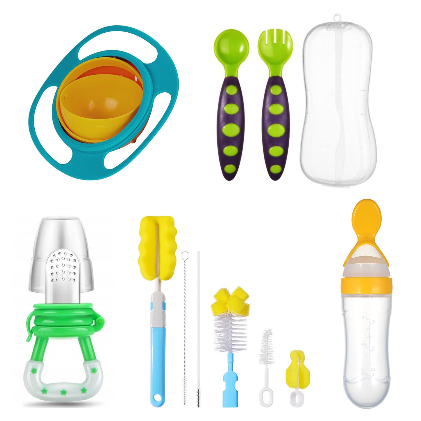 Safe-O-Kid The 360 Baby Feeding Kit: Fruit Nibbler, 360 Degree No Spill Bowl, Squeezy Spoon Feeder, Spoon & Fork Training Set and Baby Bottle and Nipple Cleaning Brush Kit