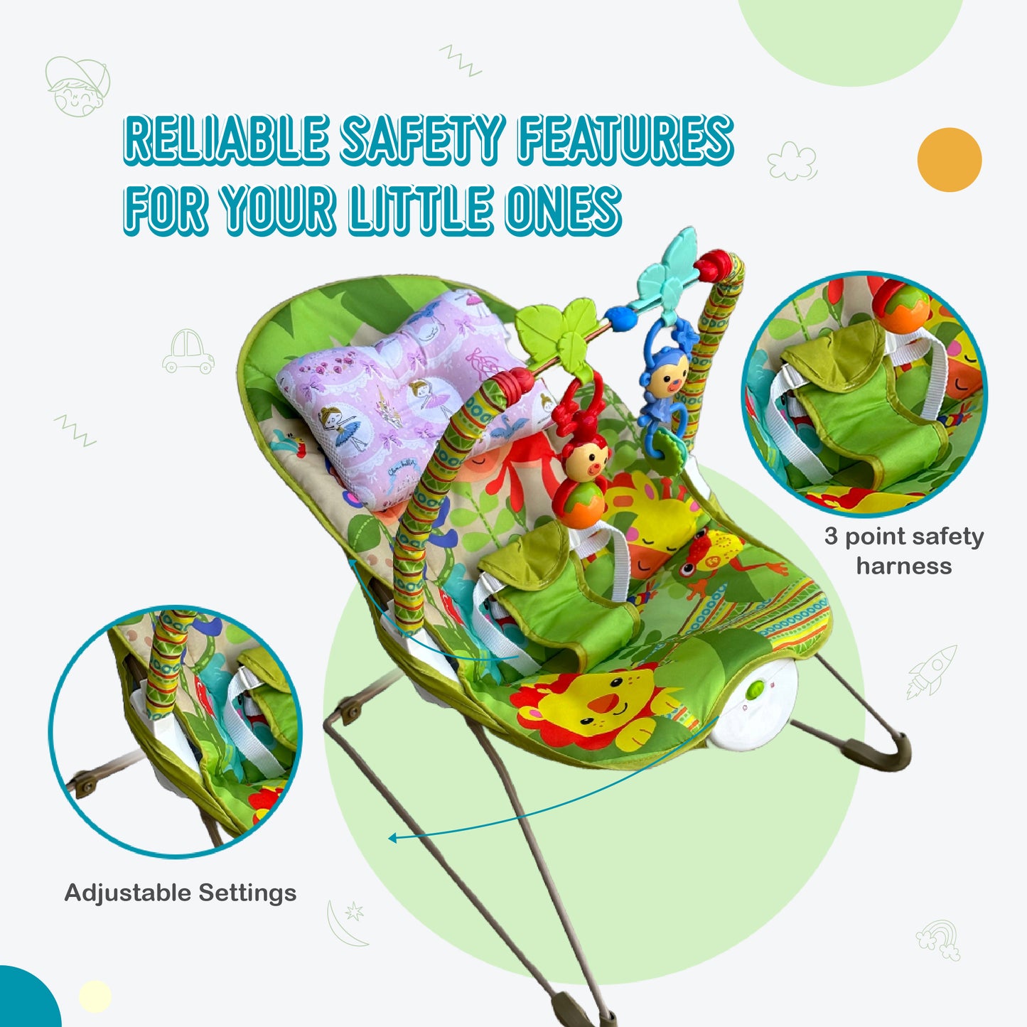 Harmony Baby Bouncer with 1 Year Warranty Multi-Position Reclining Bouncer with Calming Music, Vibrations, Safety Harness and Musical Toy- Green