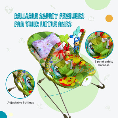 Harmony Baby Bouncer with 1 Year Warranty Multi-Position Reclining Bouncer with Calming Music, Vibrations, Safety Harness and Musical Toy- Green