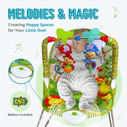 Harmony Baby Bouncer with 1 Year Warranty Multi-Position Reclining Bouncer with Calming Music, Vibrations, Safety Harness and Musical Toy- Green