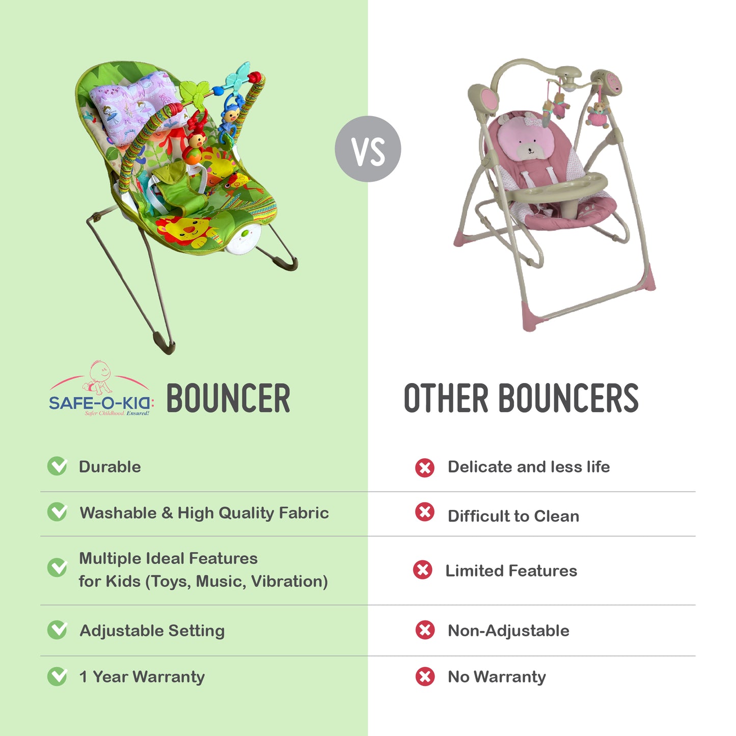 Harmony Baby Bouncer with 1 Year Warranty Multi-Position Reclining Bouncer with Calming Music, Vibrations, Safety Harness and Musical Toy- Green