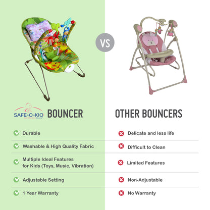 Harmony Baby Bouncer with 1 Year Warranty Multi-Position Reclining Bouncer with Calming Music, Vibrations, Safety Harness and Musical Toy- Green