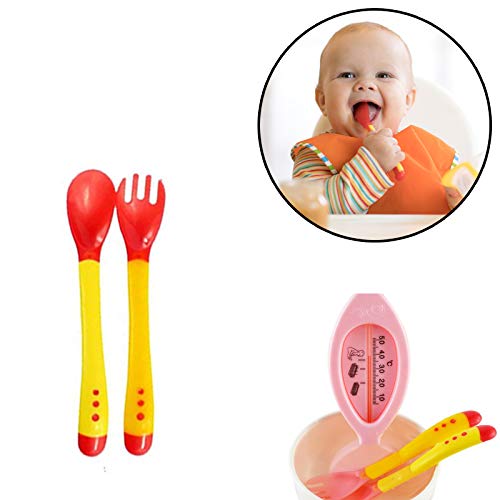 Safe-O-Kid- High Quality, BPA Free, Soft Silicone Tip, Heat Sensitive Feeding Spoon &amp; Fork for Baby