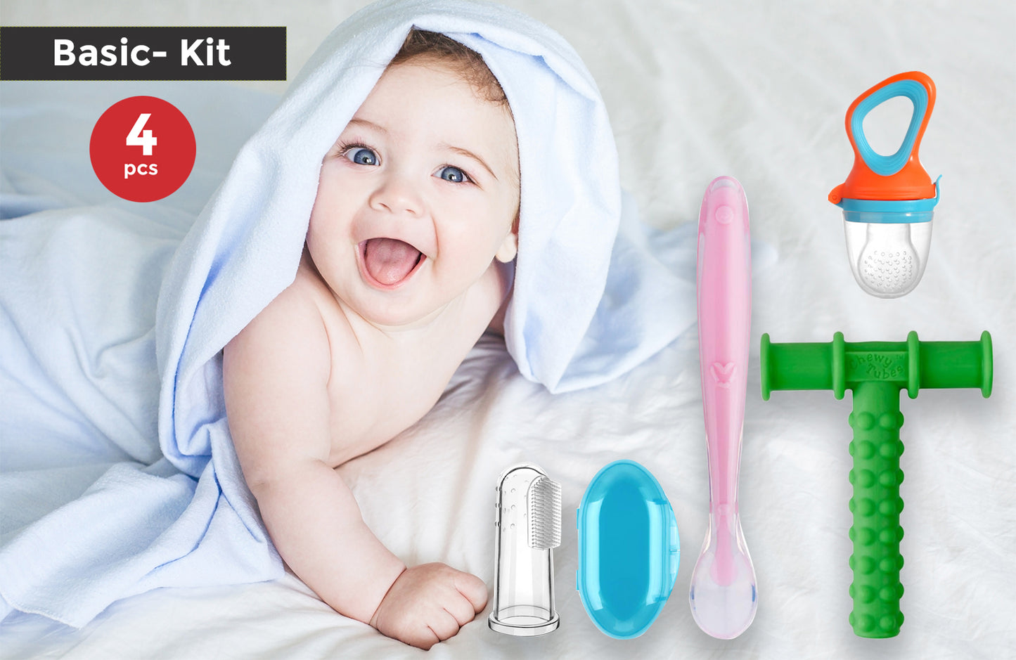 Safe O Kid Baby Oral Care and Safety Kit ? Basic | 4 Pieces, 1 Finger Brush, 1 Chewy Tube, 1 Fruit Nibbler, 1 Silicone Spoon